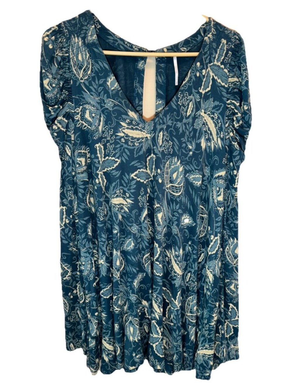 Free People Hello Lover Tunic Mini Dress Teal Flowy Boho Puff Sleeve Sz Medium